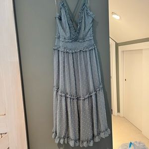 Blue midi dress with spaghetti straps that cross cross in the back. Size large